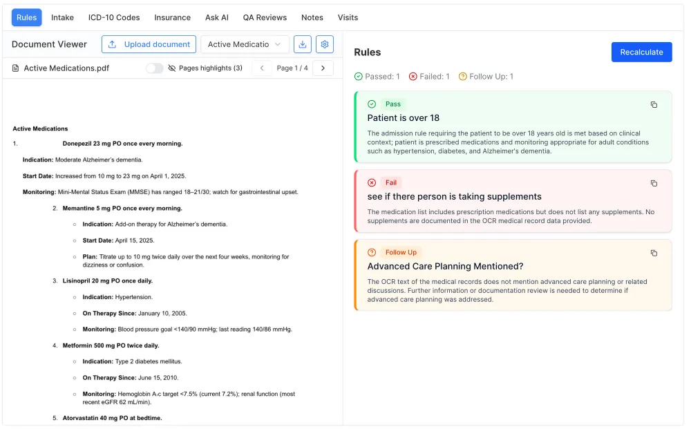 Lime Health AI admissions automation dashboard with payer eligibility verification and referral intake for post-acute care