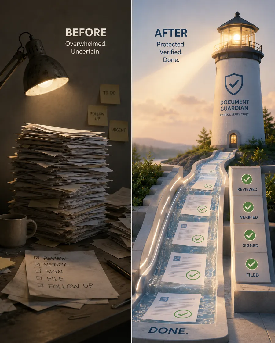 Before and after illustration of automated QA: a desk buried under unreviewed paper charts beside documents flowing past review checkpoints marked reviewed, verified, signed, and filed