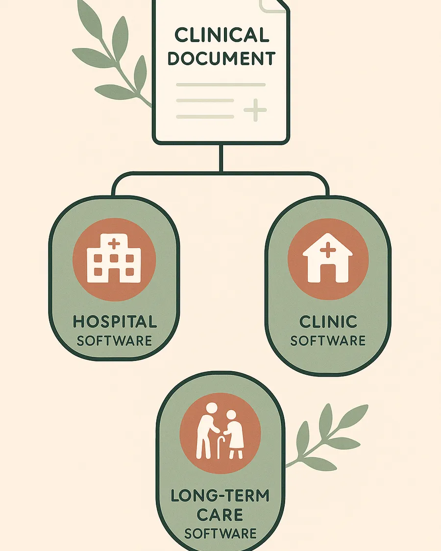 Best clinical documentation software compared by care setting, illustrated as a clinical document branching into hospital, clinic, and long-term care platforms.