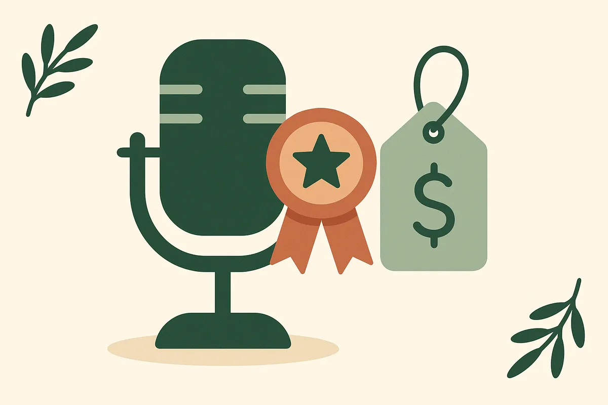 Abridge pricing, reviews, and alternatives for AI medical scribes, illustrated as a microphone with a Best-in-KLAS award medal beside a price tag.