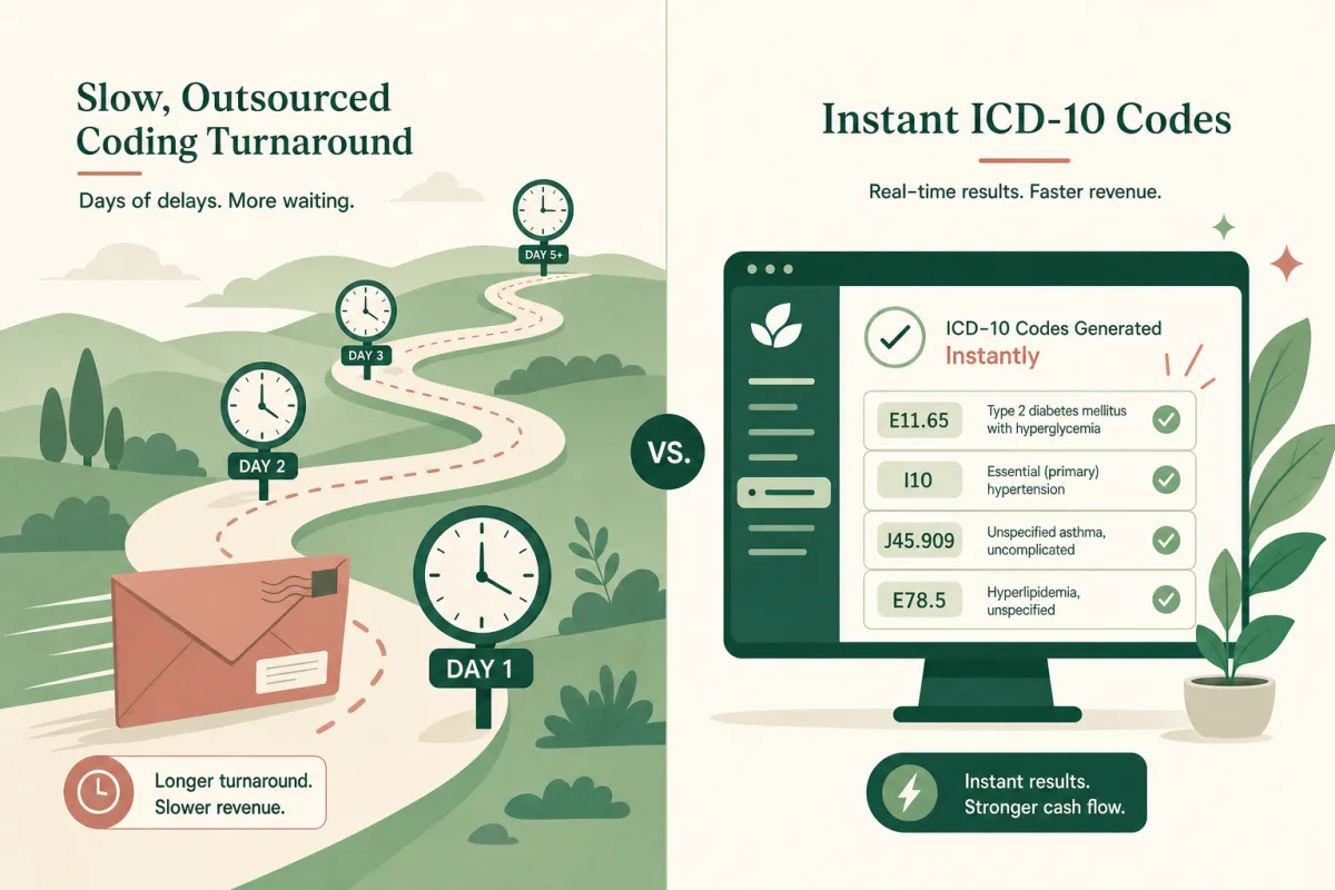 AI vs outsourced coding for home health — comparing 24 to 48 hour outsourced coding turnaround to instant AI-suggested ICD-10 codes with coder verification.