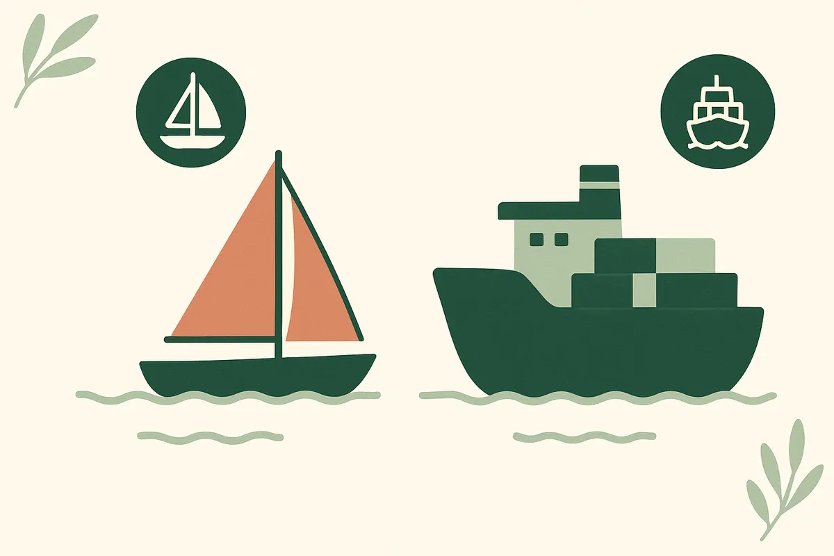 Axxess vs Netsmart myUnity comparison for home health and hospice, illustrated as a nimble sailboat beside a large enterprise cargo ship.