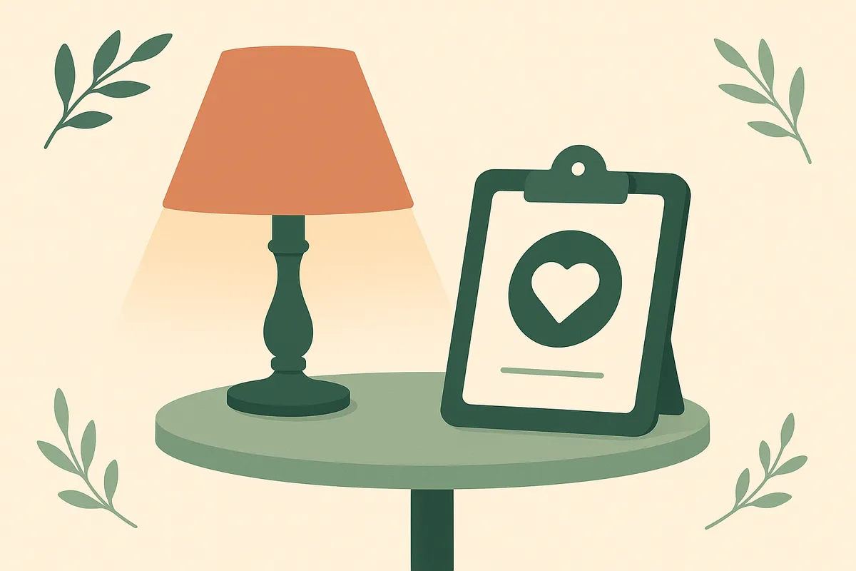 Best AI documentation tools for hospice with HOPE, IDG, and CTI support, illustrated as a warm bedside lamp beside a clipboard with a heart.