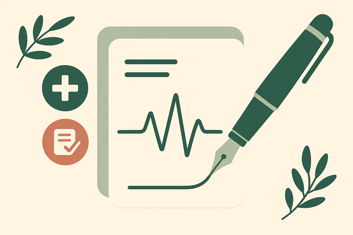 Hospice CTI and recertification narrative examples backed by clinical evidence, illustrated as a pen stroke becoming a heartbeat trace.