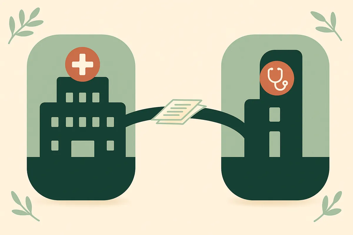 MatrixCare vs WellSky post-acute EMR comparison for home health and hospice, illustrated as two healthcare buildings sharing a clinical document.