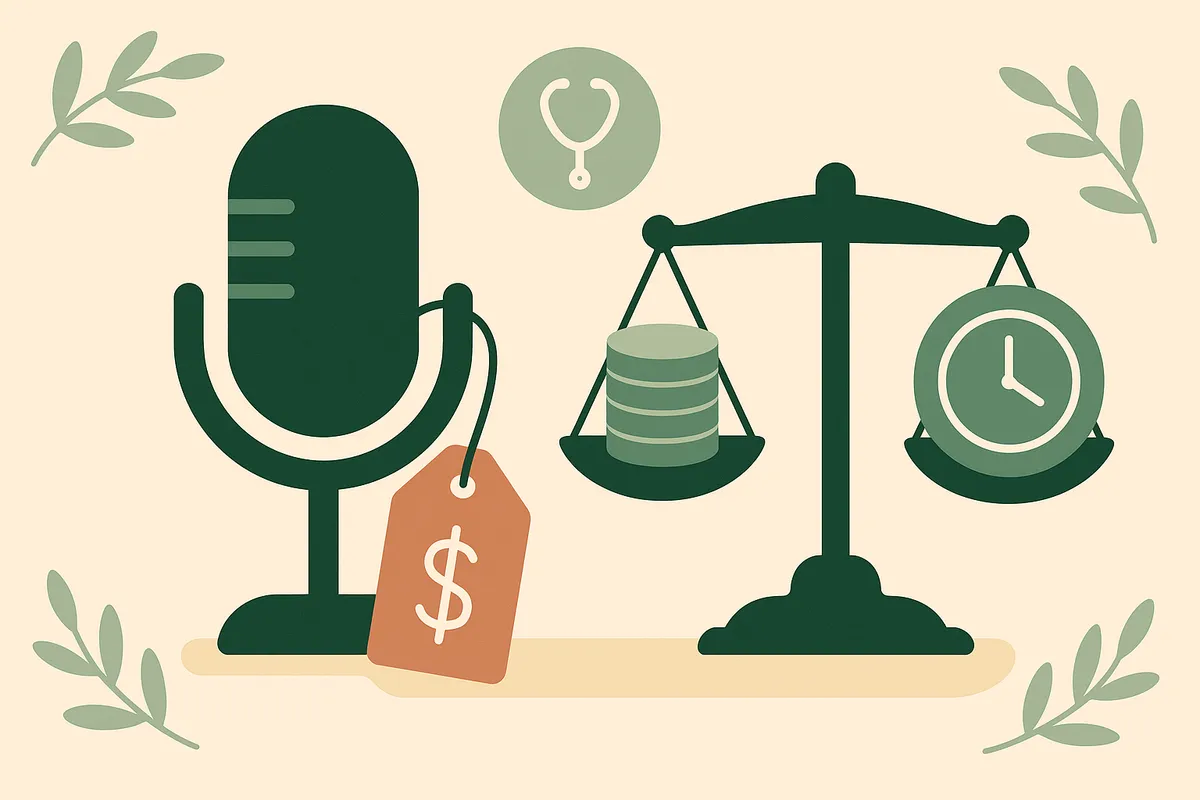 Nuance DAX Copilot pricing, reviews, and ROI for AI medical scribes, illustrated as a price tag on a microphone weighed against time saved.