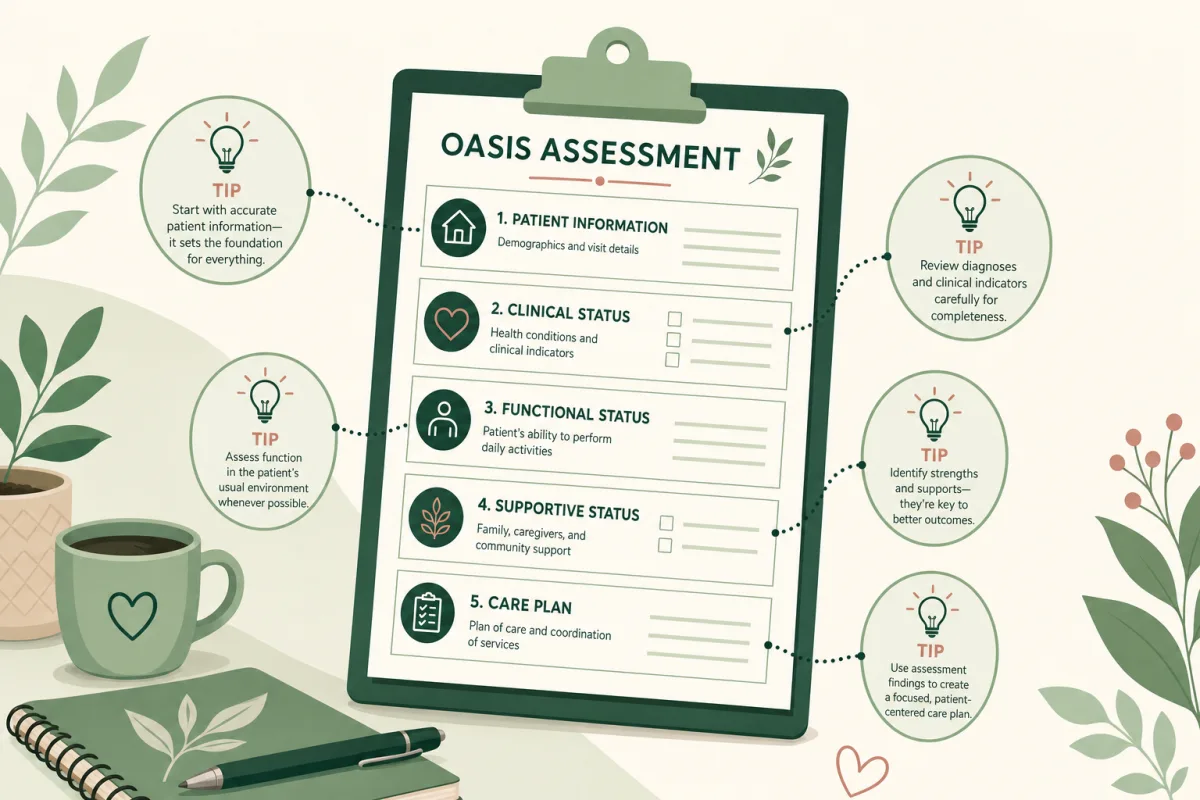 OASIS accuracy tips for home health clinicians, practical guidance on Section GG, M-items, SDOH responses, and avoiding common OASIS-E2 errors.