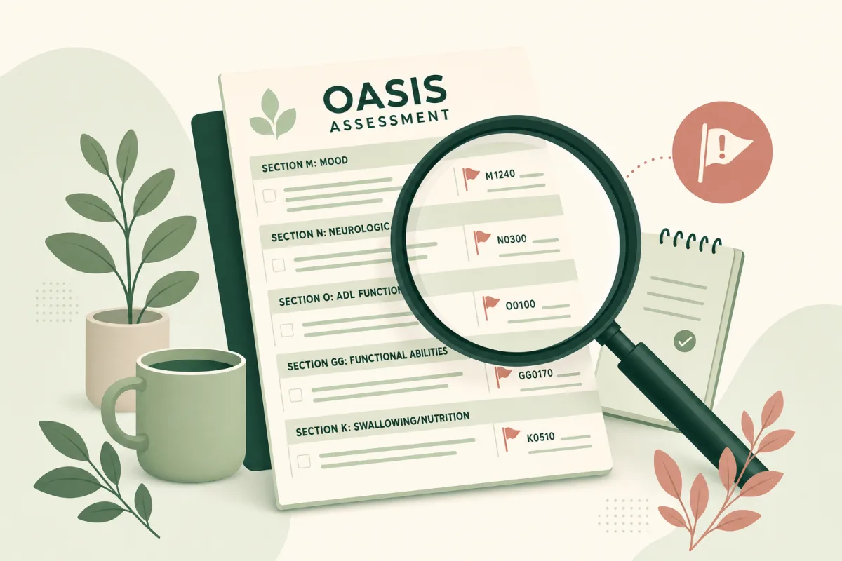 OASIS-E2 audit triggers — Section GG scoring patterns, SDOH gaps, BIMS documentation, and the items CMS, MACs, and RACs flag most often.