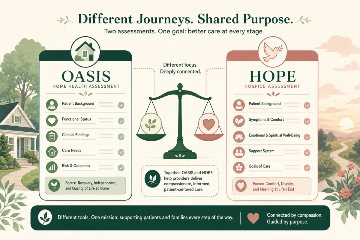 OASIS-E2 vs HOPE assessment compared — what each does, how they differ, and what home health and hospice agencies serving both populations need to know.