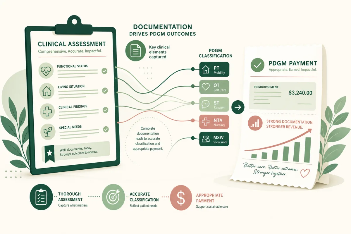 PDGM documentation strategies for home health, clinical grouping accuracy, functional scoring, comorbidity capture, and revenue optimization tactics.