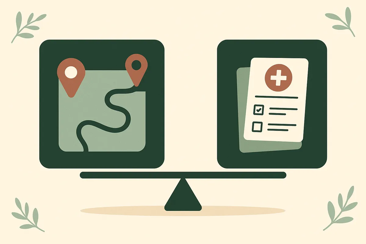 WellSky vs Homecare Homebase HCHB comparison for home health agencies, illustrated as a field route map balanced against a clinical documentation folder.