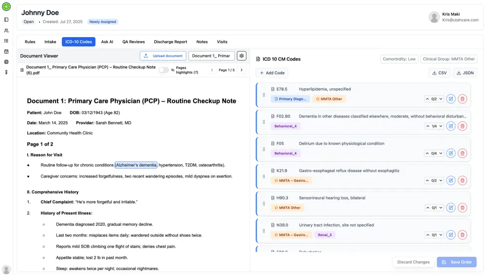 Lime Health AI ICD-10 coding interface with AI-generated diagnosis code suggestions for home health and hospice billing