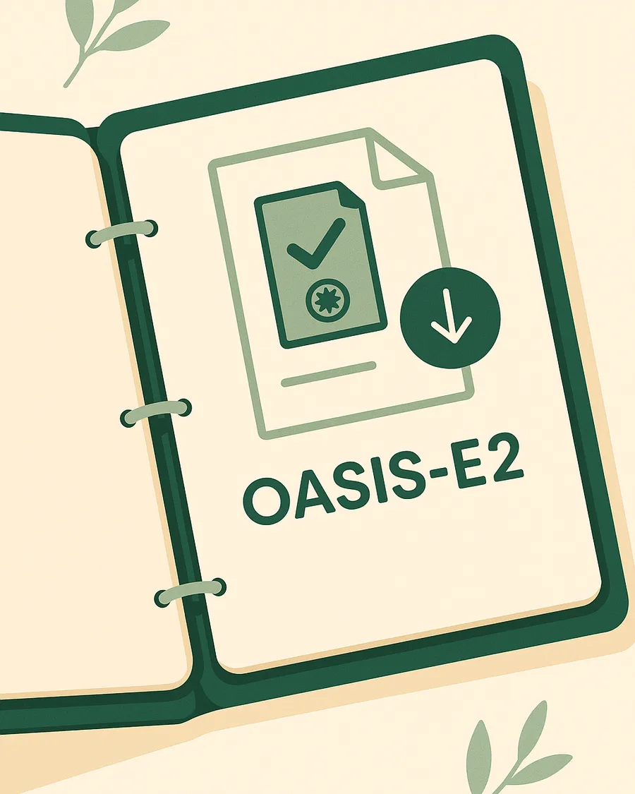 The free CMS OASIS-E2 guidance manual, illustrated as an open binder with a checked document, official seal, and download arrow.