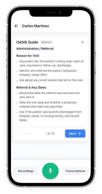 Lime Health AI OASIS assessment guide on mobile with step-by-step documentation prompts for home health clinicians