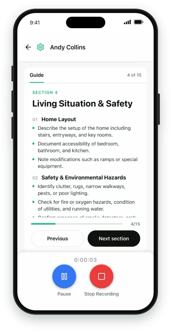 OASIS Scribe ambient AI scribe app recording a home health visit while the clinician follows the guided OASIS Living Situation and Safety section