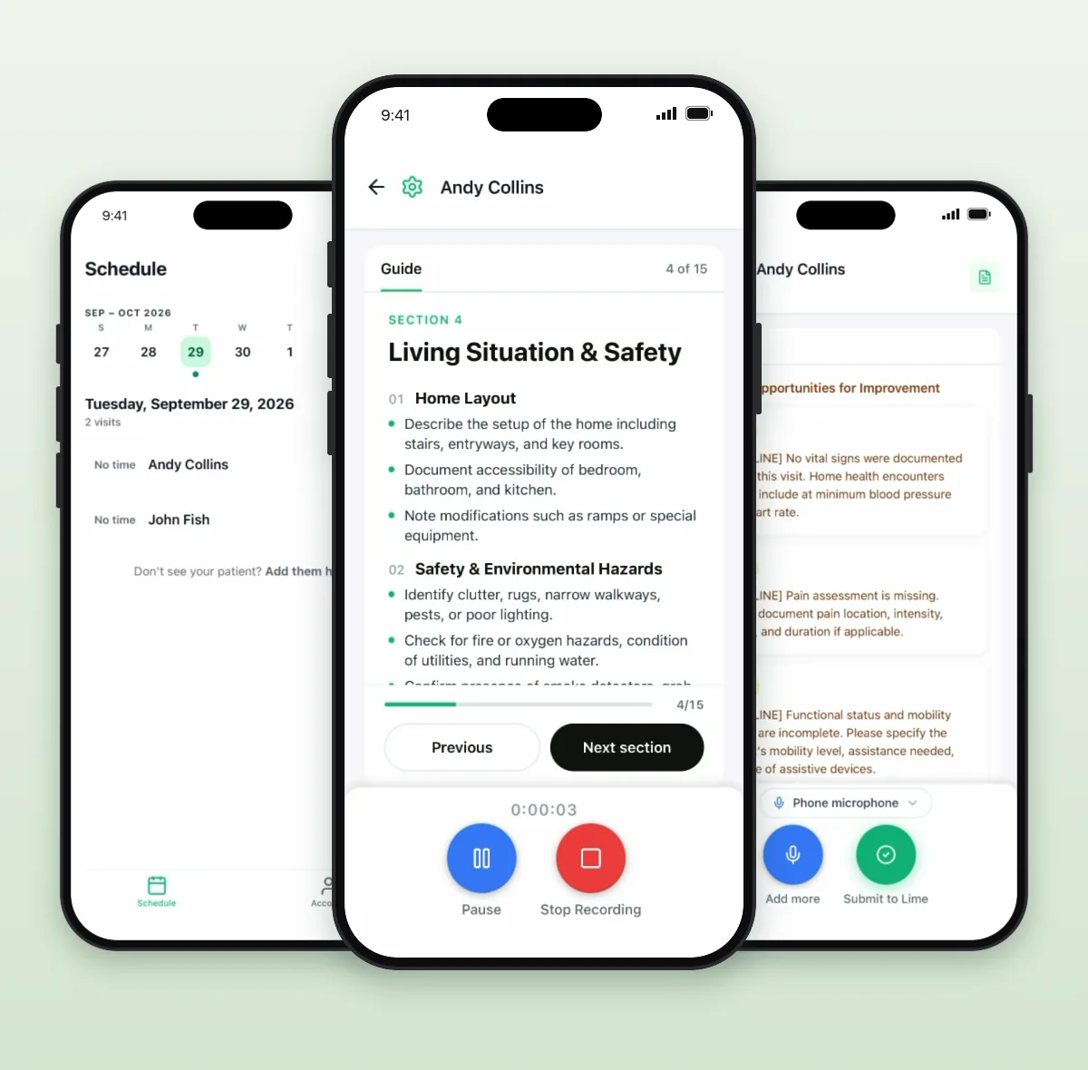 OASIS Scribe mobile app by Lime Health AI showing a home health visit schedule, a guided OASIS section being recorded ambiently, and AI-flagged documentation gaps for review