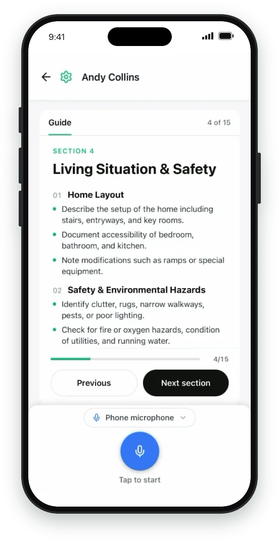 Lime Health AI OASIS Scribe on mobile for home health clinicians, showing guided OASIS prompts for home layout and safety hazards during a patient visit