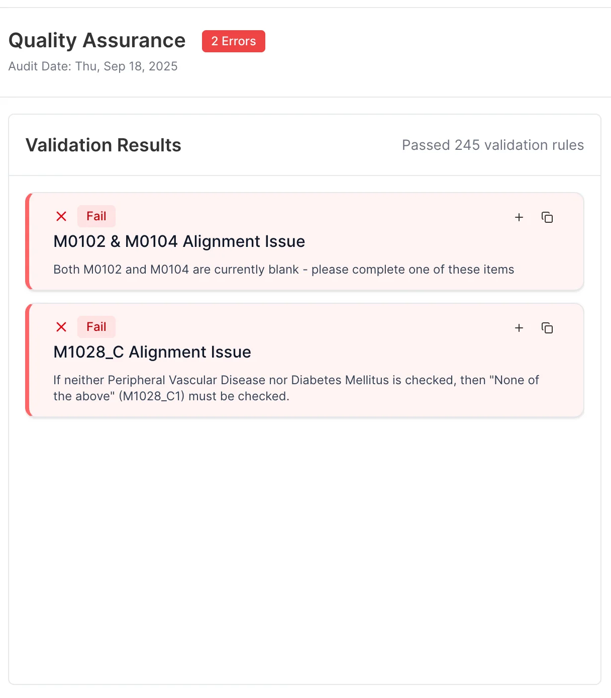 Lime Health AI documentation QA dashboard with automated OASIS validation showing compliance pass and fail results