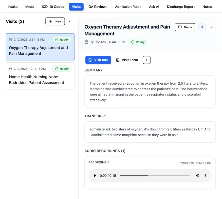Lime Health AI clinical scribe dashboard with real-time visit transcription and automated OASIS note generation