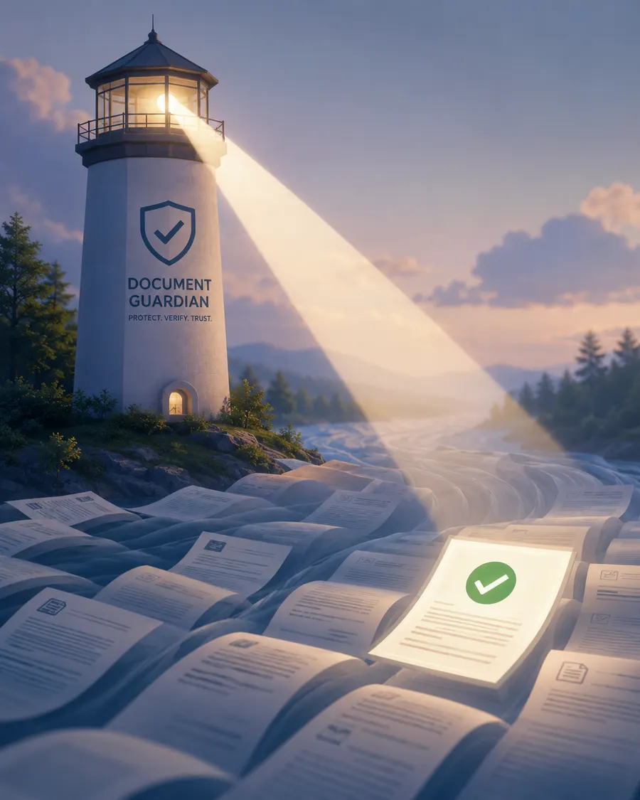 Lighthouse casting its beam across a river of home health visit notes, highlighting one reviewed note with a green checkmark, an illustration of Sentinel QA reviewing every chart