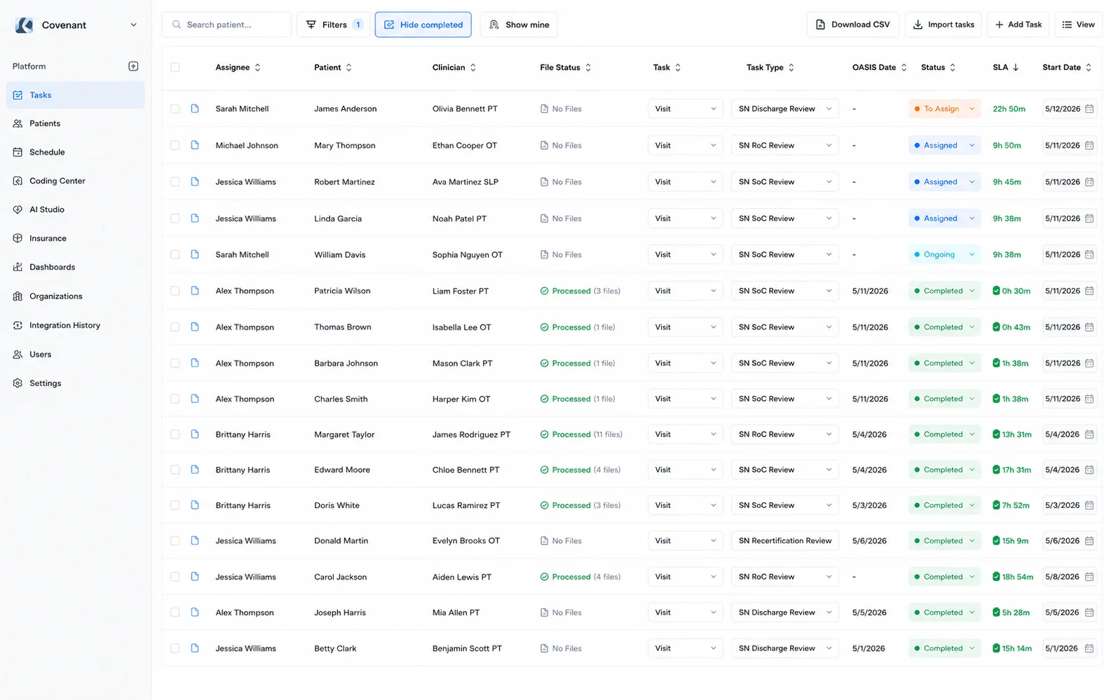 Lime Health AI admin dashboard tracking QA assignments, SLAs, and clinician workload for home health visits